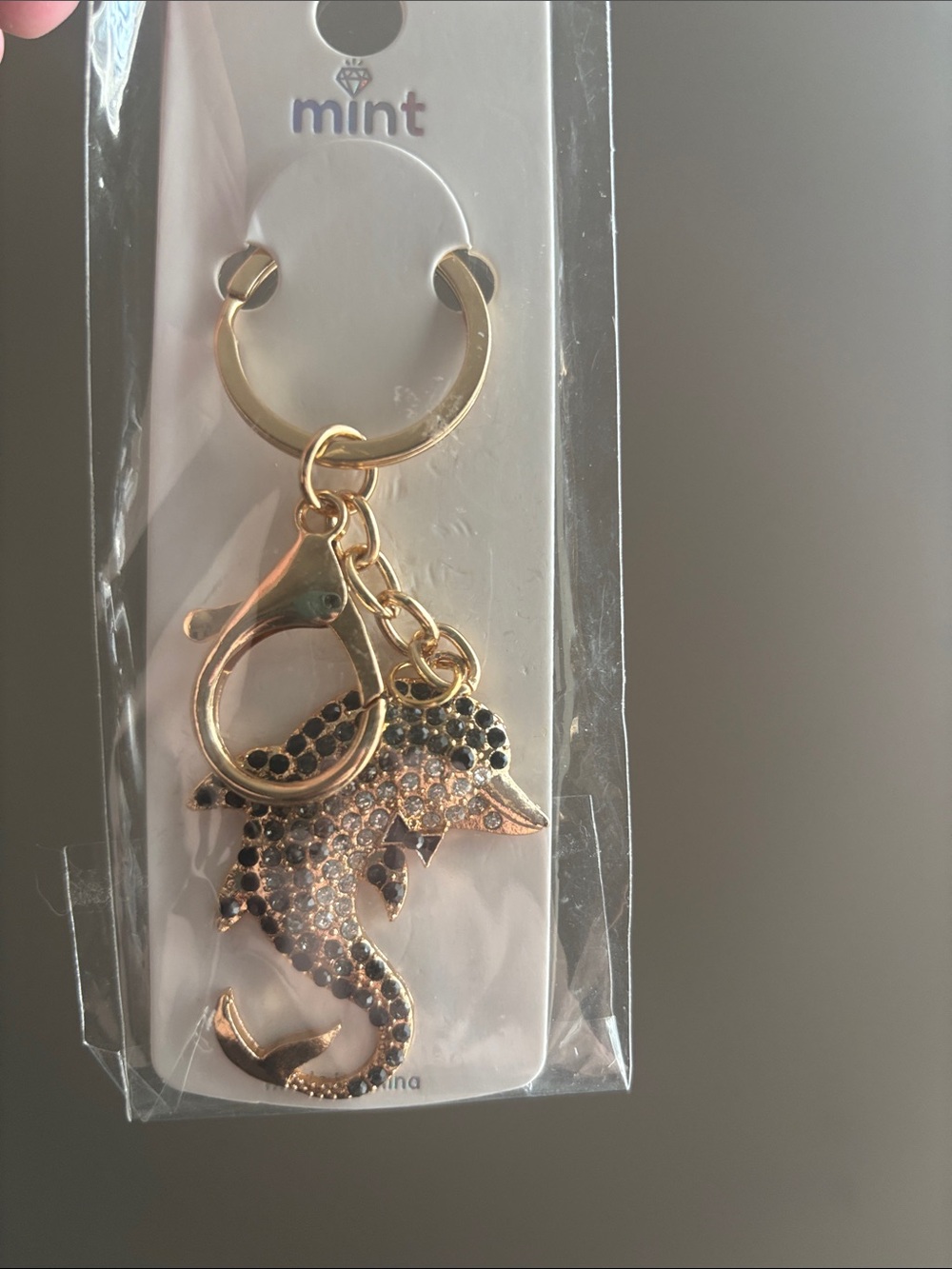 Gold Dolphin Keychain Charm with Rhinestones